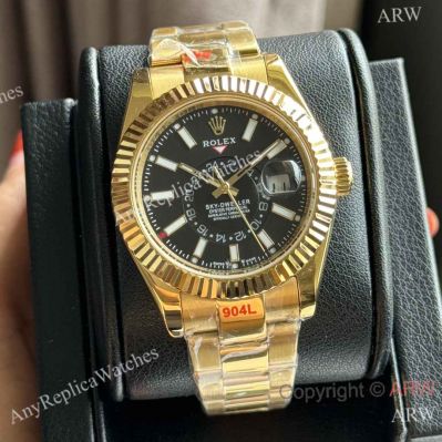 High Quality Copy Rolex Sky Dweller Gold Black Face Oyster Strap